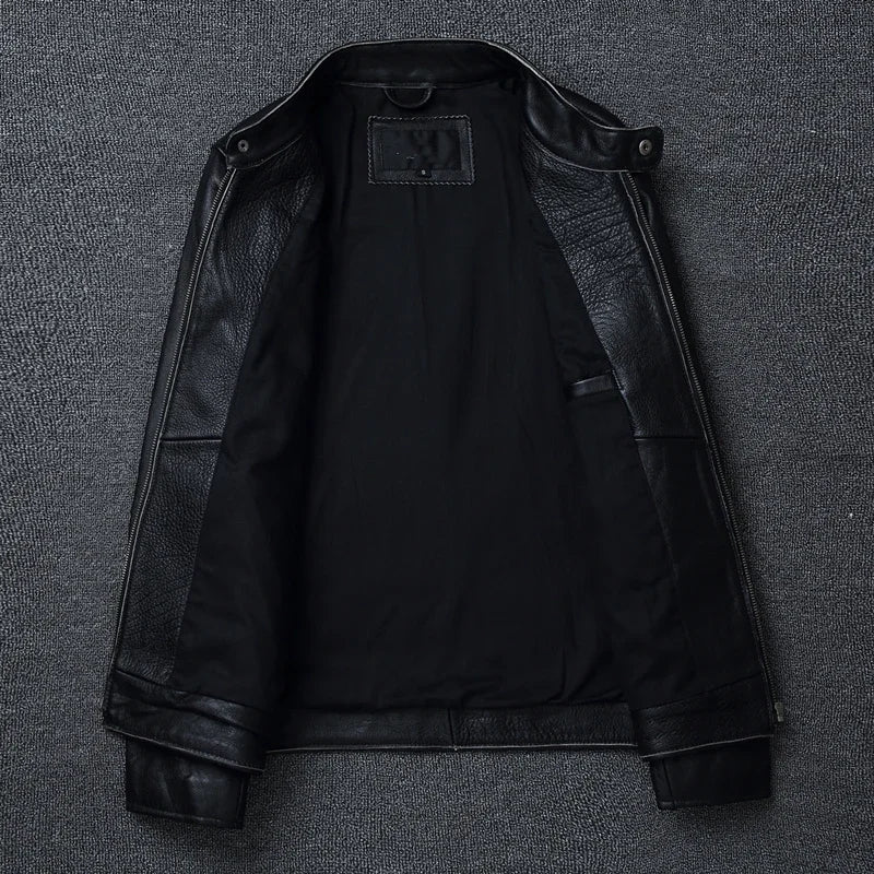 Top Layer Cowhide Slim Fit Stand Collar Motorcycle Suit Men's Leather Jacket Soft Cowhide Large Size Jacket Fashion