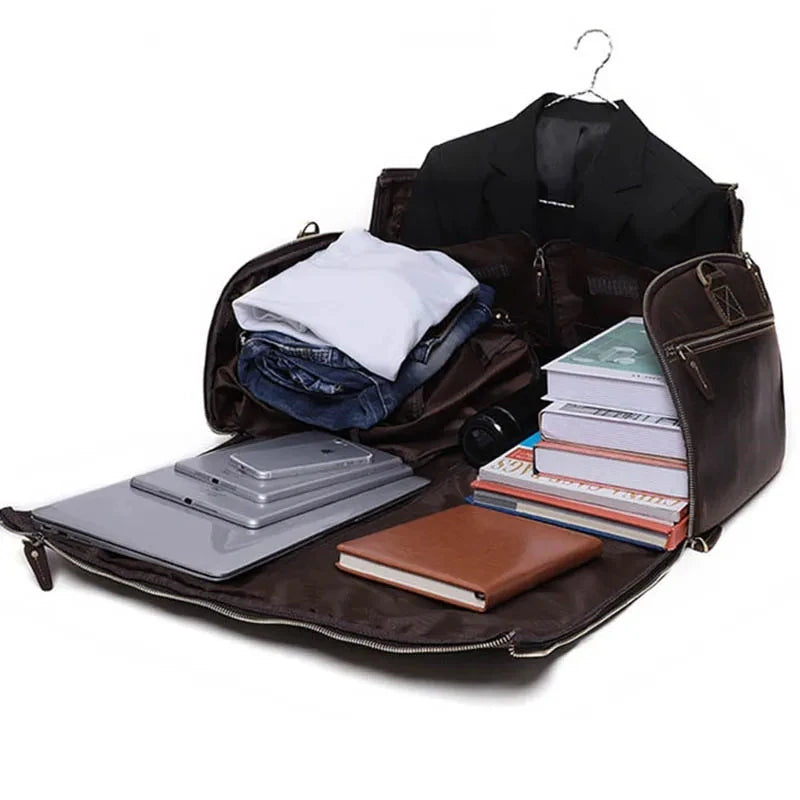 Crazy Horse Leather Folding Suit Bag Man Business Travel Bag With Shoe Pocket Clothes Cover Luggage Duffel Bag Man Bag For Suits