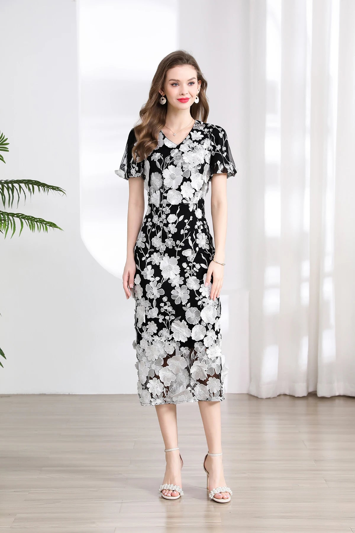 Summer High-end Embroidery Lace Prom Dress Women French Luxury 3D Flower Short Sleeve Long Dress Party Bodycon Holiday Vestido