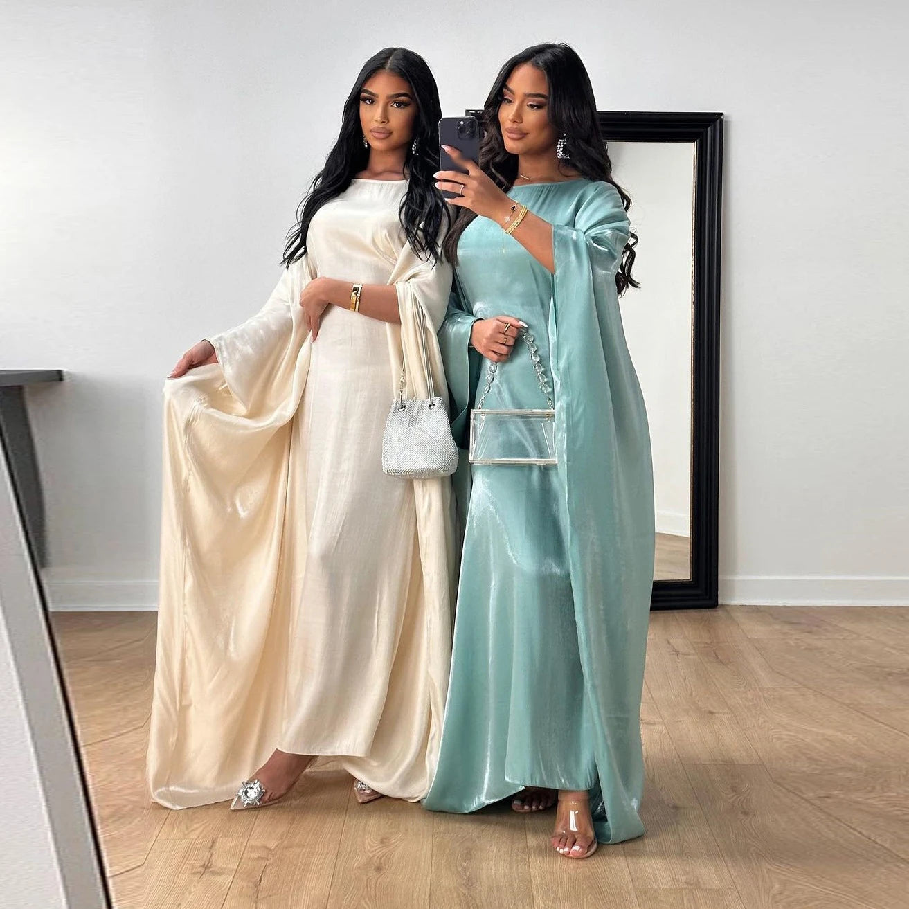 Batwing Butterfly Sleeve Satin Dress Abaya Dubai Muslim Maxi Dress Kaftan Abayas for Women Kebaya Caftan Robe Femme Vestidos