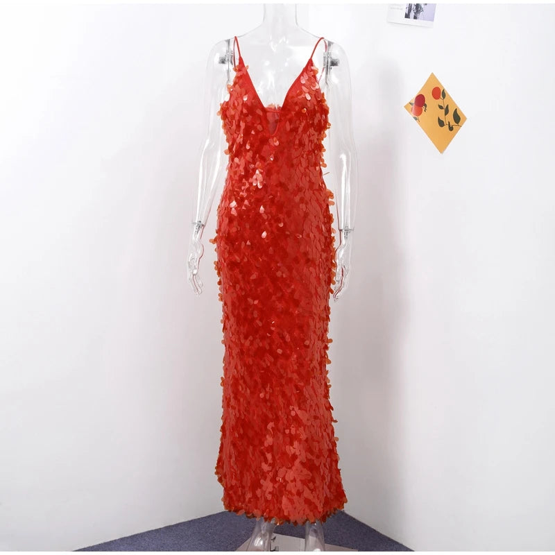 Glitter Sequins Spaghetti Strap Evening Gown – Women’s Sleeveless Backless Floor-Length Party Dress