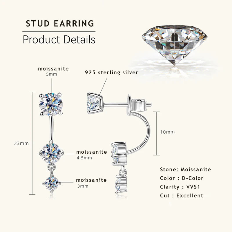 Lnngy Front Back Double Sided Moissanite Stud Earring Pendientes Plata 925 Sterling Silver Earrings For Women 2 in 1 Ear Jewelry