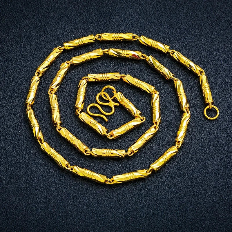 9999 24K real gold cylindrical double bamboo necklace real gold men's and women's solid color bamboo necklace gold jewelry