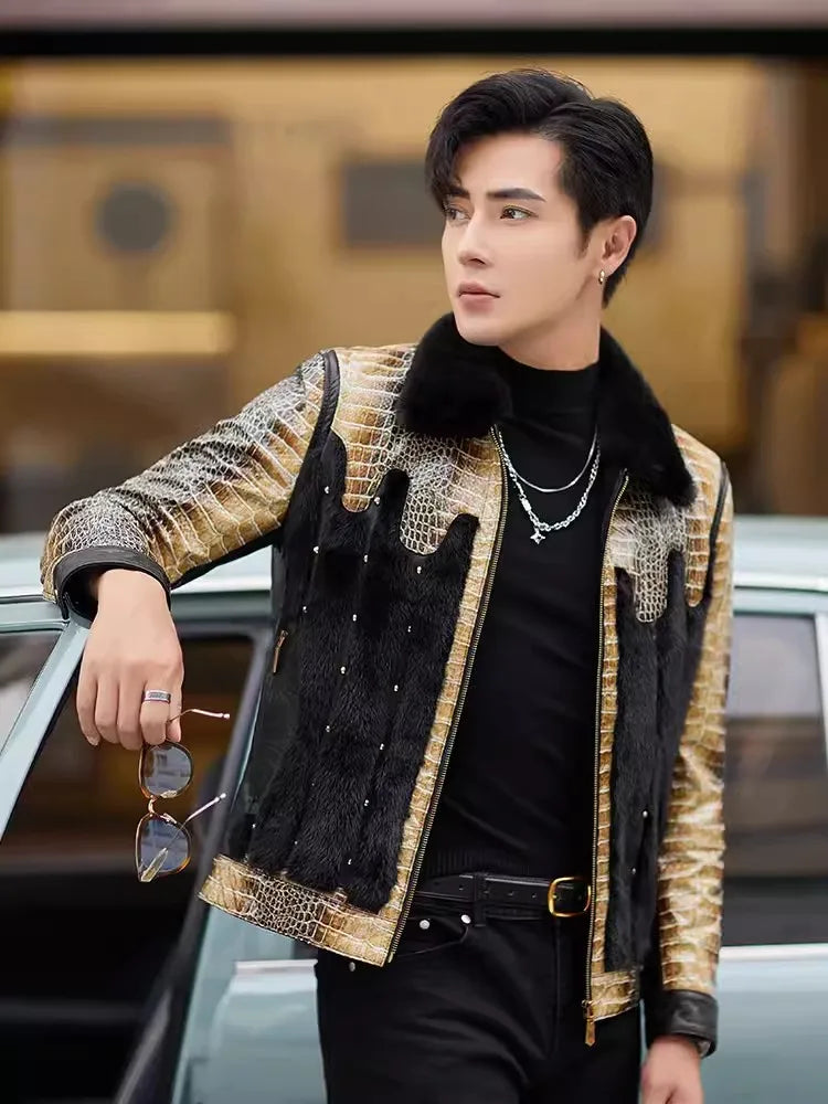 Men’s Party Mink Fur Sheepskin Leather Jacket – Slim Fit Patchwork Winter Coat