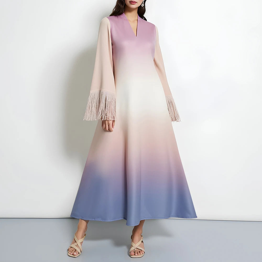 Rafiah Women's Dresses Summer Elegant Decent 2025 Gradient Tassel Long Sleeve V-Neck Midi A Line Casual Long Dress
