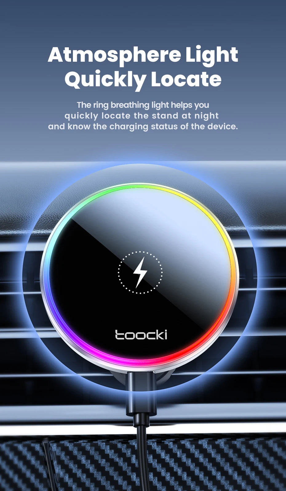 Toocki RGB Magnetic Car Phone Holder 15W Wireless Charger Car For iPhone 15 14 13 Pro Max Samsung Phone Car Charger Holder Stand