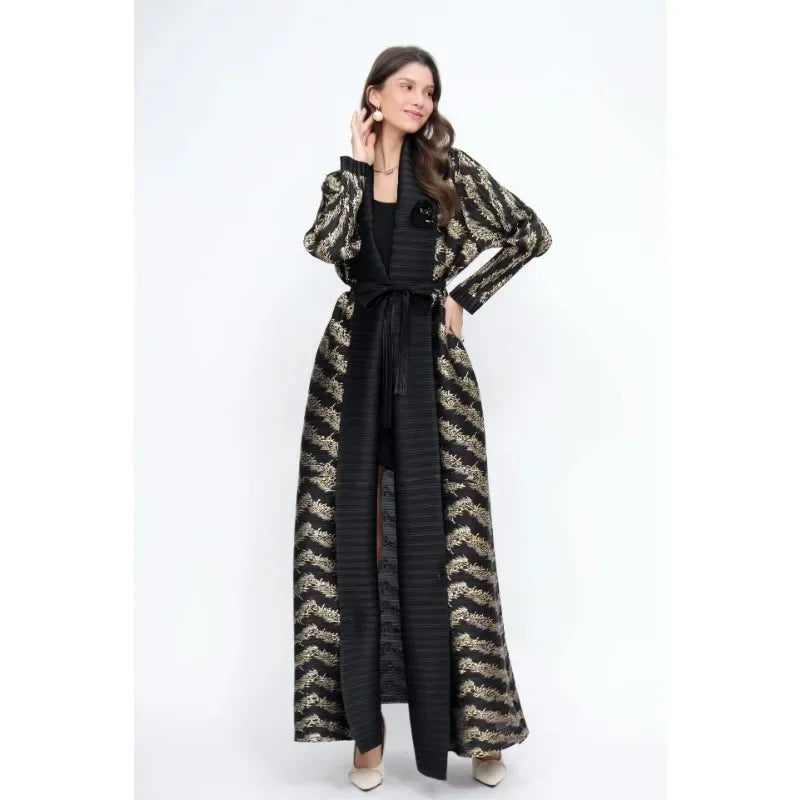 KAF Pleated Women Trench Coat Vintage Printed Cardigan Design Loose Plus Size Women Long Dress Dubai Female Luxury Abaya 2024