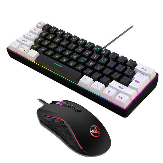 طقم لوحة مفاتيح وماوس USB HXSJ V700BW A869 مزود بـ 61 مفتاحًا وإضاءة خلفية RGB ولوحة مفاتيح كمبيوتر وإضاءة LED ملونة بدقة 3200 نقطة في البوصة وماوس ألعاب
