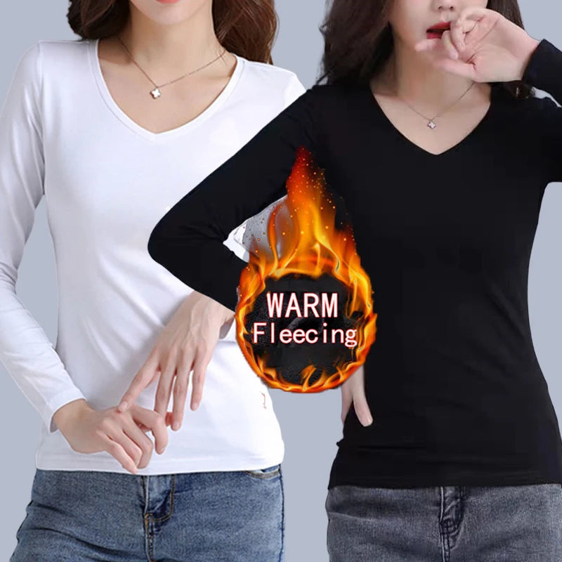 O Neck Long Sleeve Fleeceing Heating Fiber Thermal Basic T-Shirts Women Winter Bottoming Cropped Tops Casual Skinny All-match