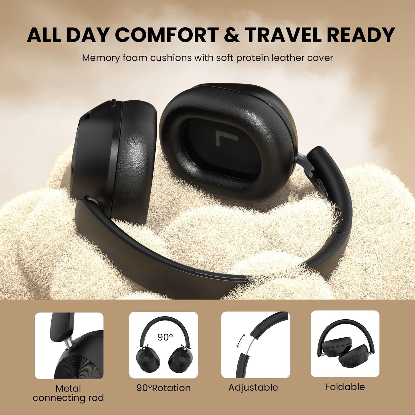 Oneodio A5 Bluetooth 5.4 Headphones 43dB Hybrid Active Noise Cancelling Over Ear Wireless Headset Hi-Res LDAC Audio With ENC Mic