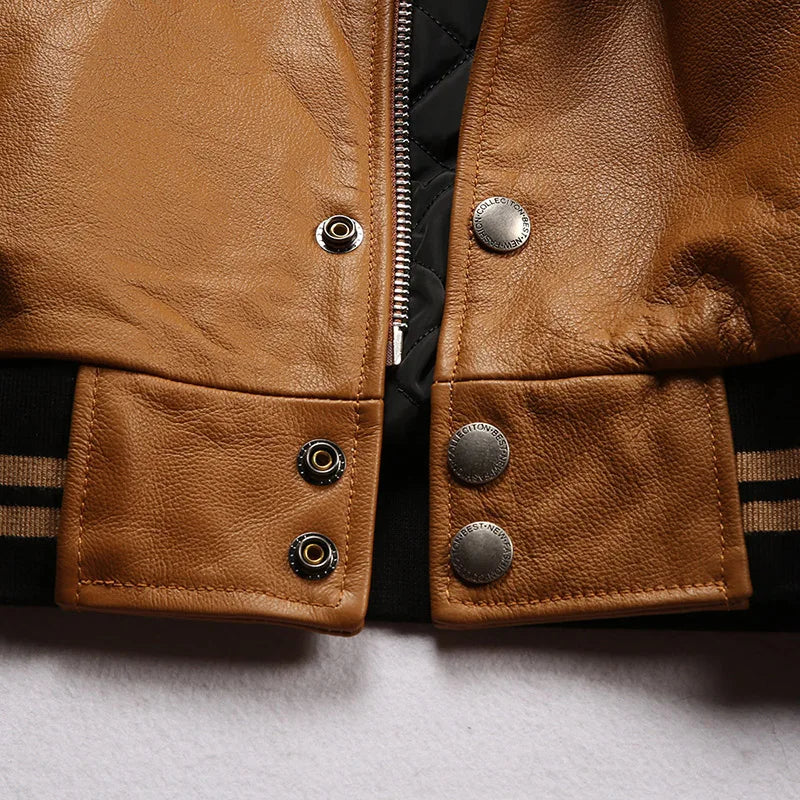 Men large size leather jacket flight suit jacket printed big chief embroidery casual sports yellow cowhide leather jackets tops