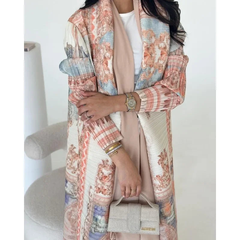 KAF Pleated Women Abaya 2025 Spring Fall New Fashion Retro Printed Cardigan Design Loose Large Size Arab Luxury Robe Female