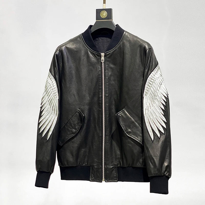 Embroidered eagle wings leather baseball jersey men stand-up collar full vegetable tanned sheepskin genuine leather jacket tops