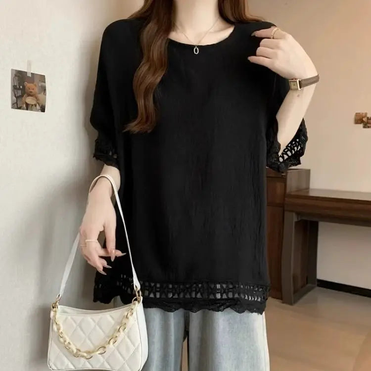 Lace Hollow out Texture ort Sve Women's T-irt Summer plus Size Conceals Belly Slimming Faionable Top Korean Sle