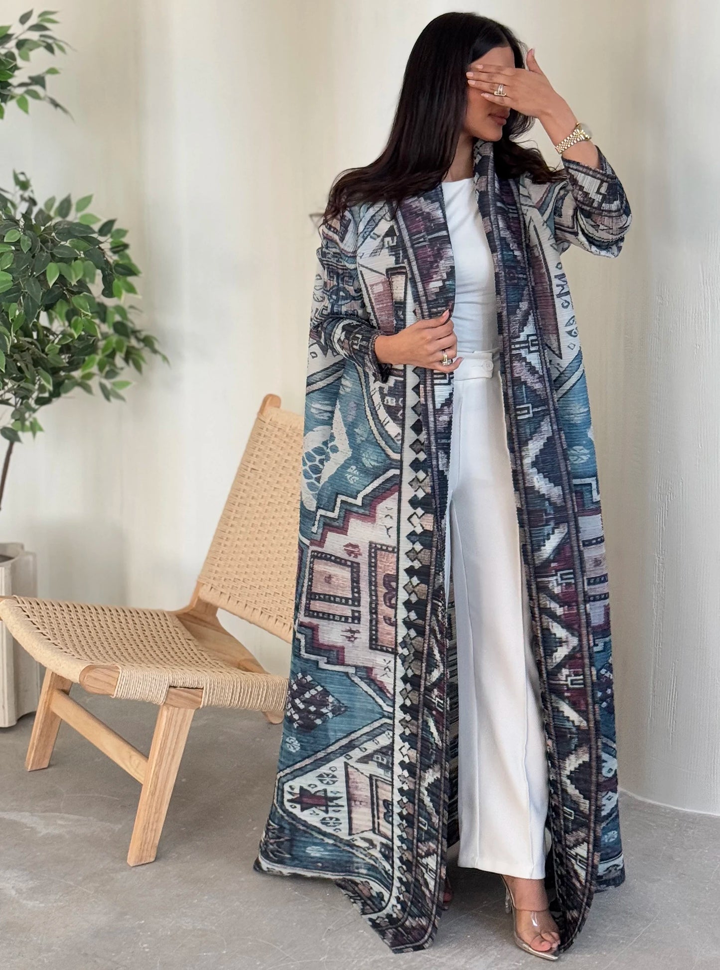 KAF Women Abaya 2025 New Retro Printing Cardigan Lace-up Design Loose Large Size Fashion Female ABaya Festival Dress