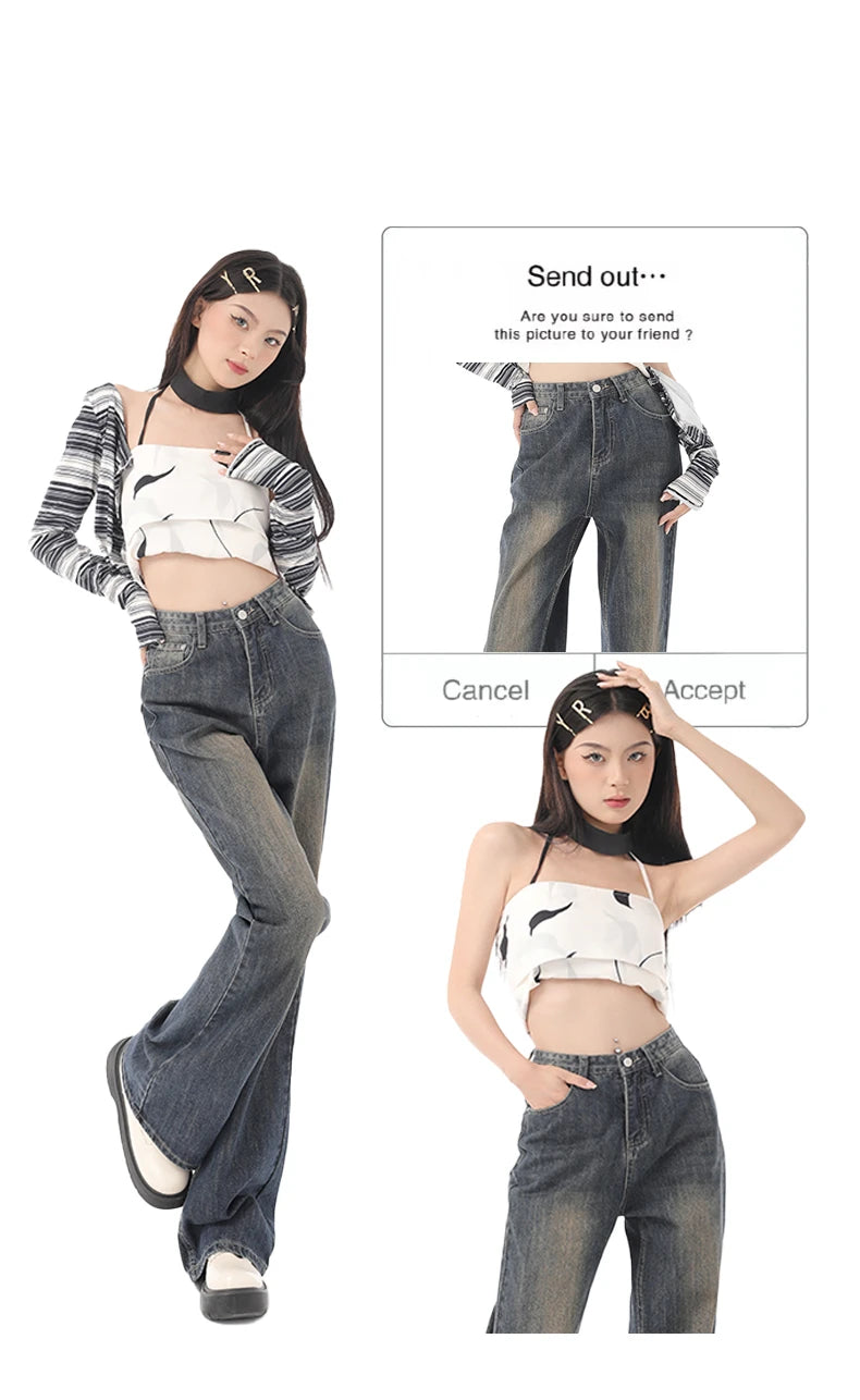 Retro Flared Jeans Women's High Waist Wide Leg Pants Slimming Hoof Pants Casual Spring Summer Denim Trousers