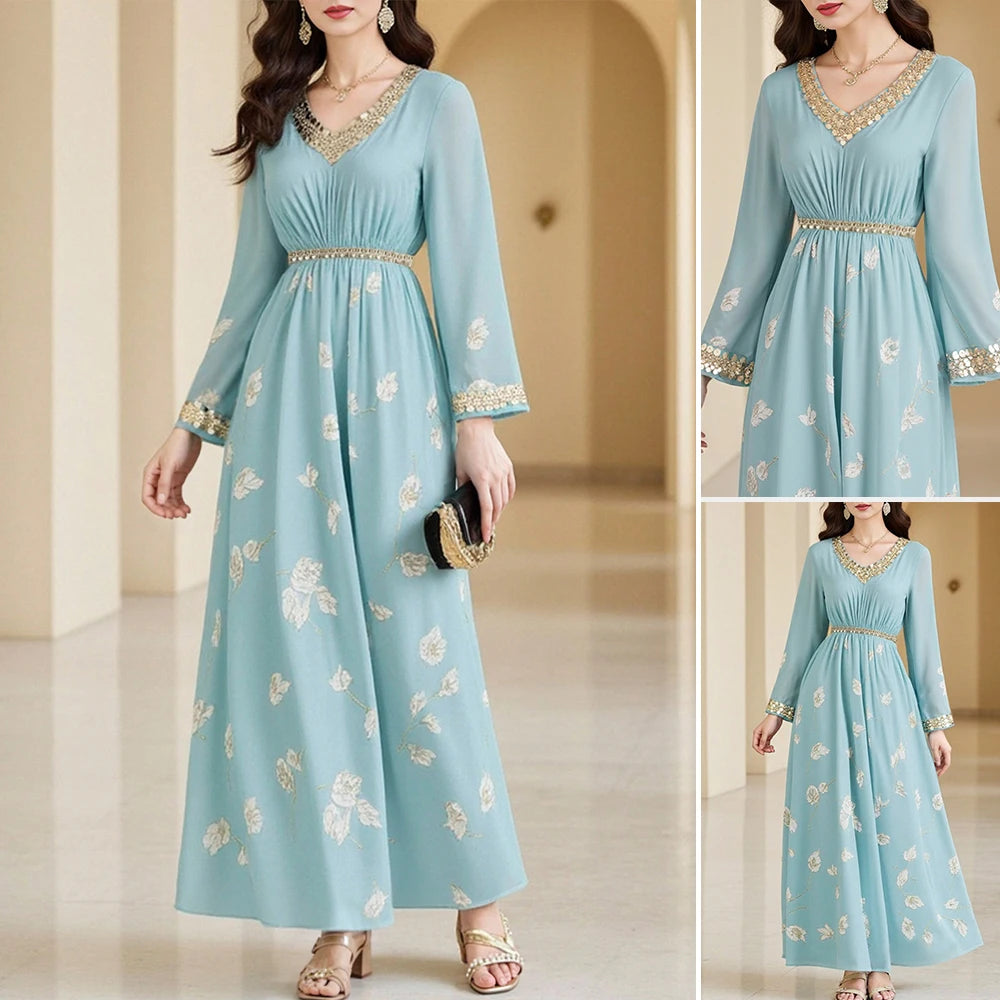 Rafiah Autumn Arabian Dress 2025 Women's Decent Sequins Nipped Waists Long Sleeve V-Neck A-Line Daily Basic Midi Dress