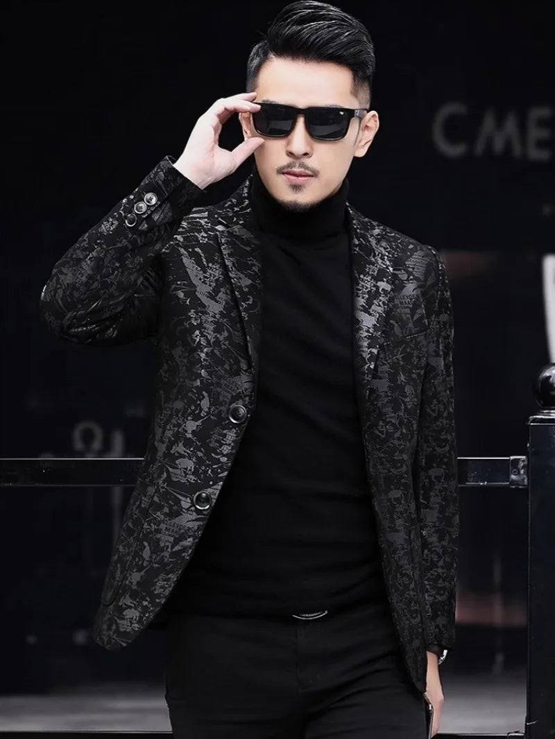 Business Men Work Slim Fit Real Sheepskin Genuine Leather Jacket Spring Autumn Floral Printed Single Breasted Blazer Suit Coat