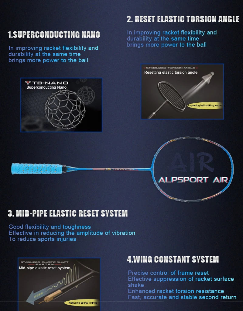 Alpsport AIR 10U Badminton Racket 52g Ultralight, HM Carbon Fiber & Titanium, 28lbs Fast Rebound for Pro Players