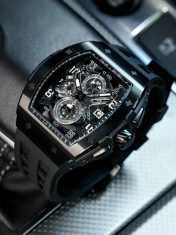 TSAR BOMBA Luxury Mens Watch Top Brand Wristwatch Tonneau Clock Rubber Strap Chronograph Sapphire Watches for Men