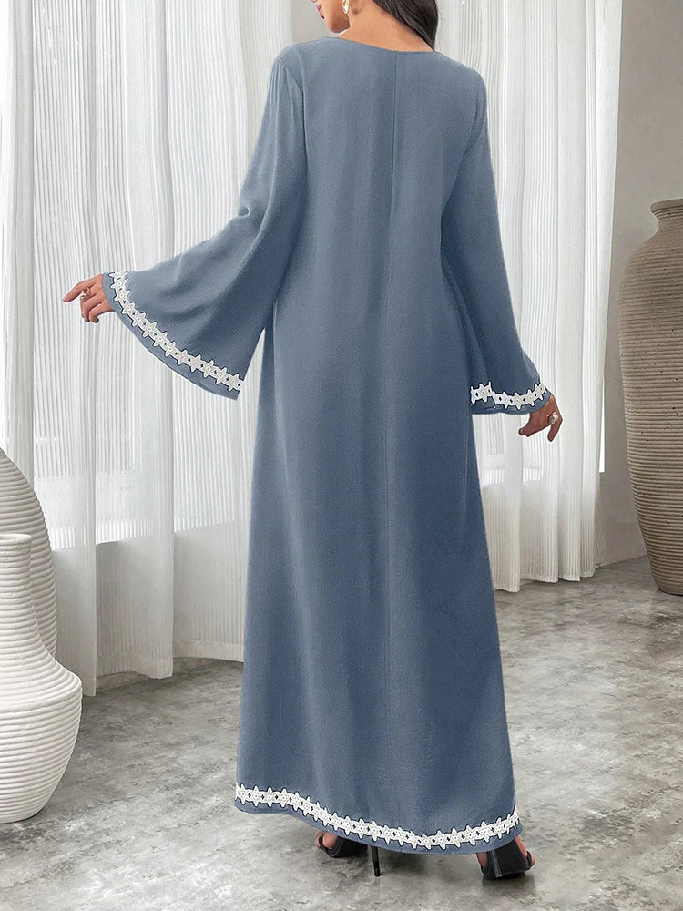 Rafiah Loose Turkish Maxi Dress Color Contrasting Flare Sleeve Crew Neck Stripe Kaftan Jalabiya Abayas Women Appliques