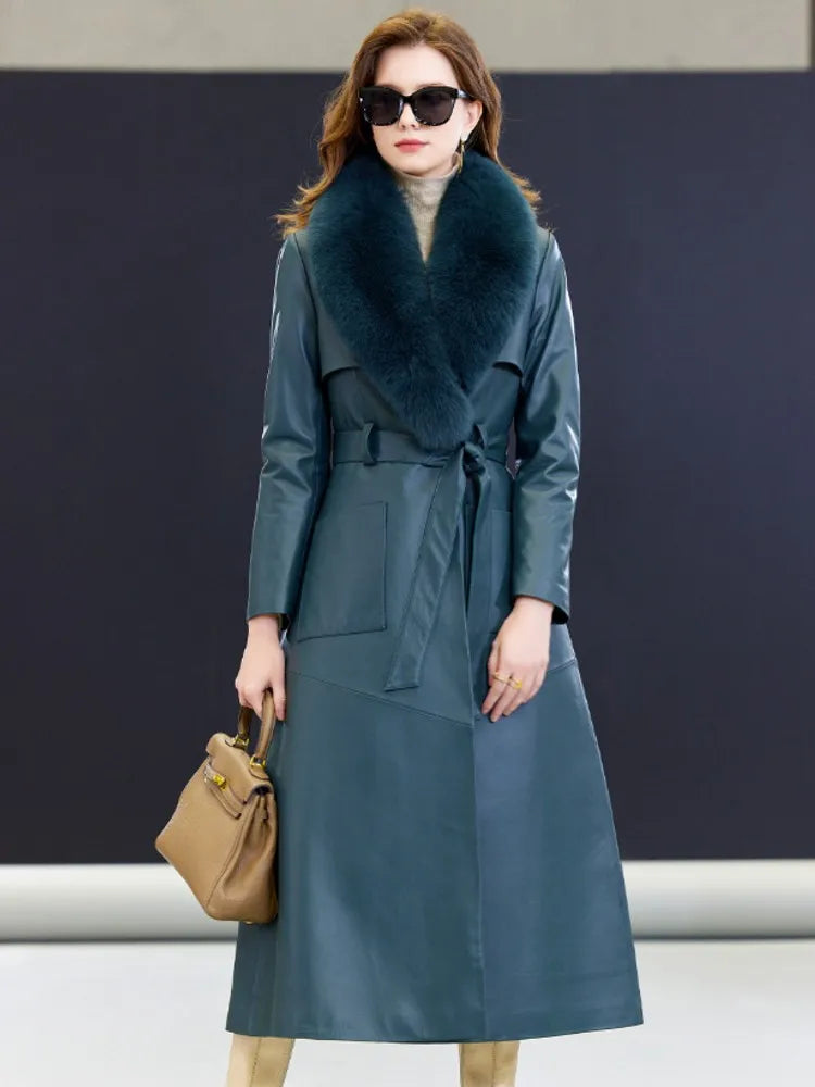 Real Fox Fur Collar Elegant Women Long Trench Coat Belted Slim Fit Winter Warm Sheepskin Down Coat Ladies Genuine Leather Jacket