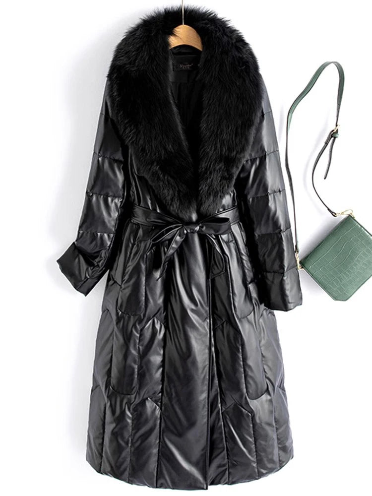 New Women Winter Leather Down Coat Fashion Real Fox Fur Collar Slim Waist Long Leather Coat Casual Thick Warm Overcoat