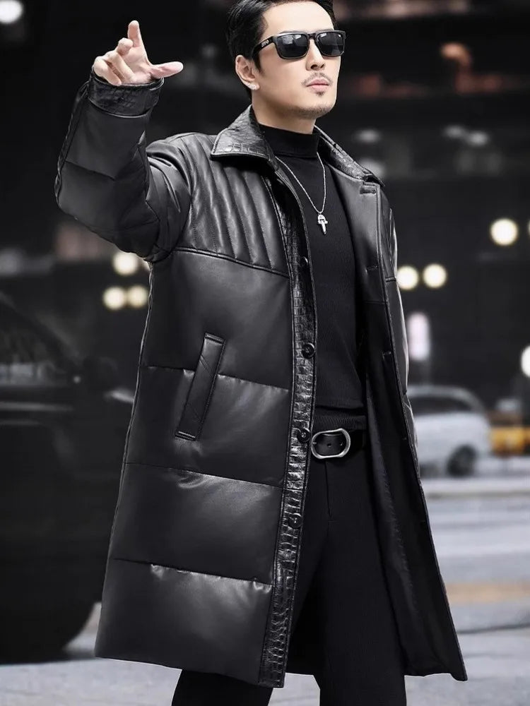 Winter Mens Sheepskin Genuine Leather Down Coat Thicken Warm Single Breasted Turn-Down Collar Medium Length Overcoat Size 5XL