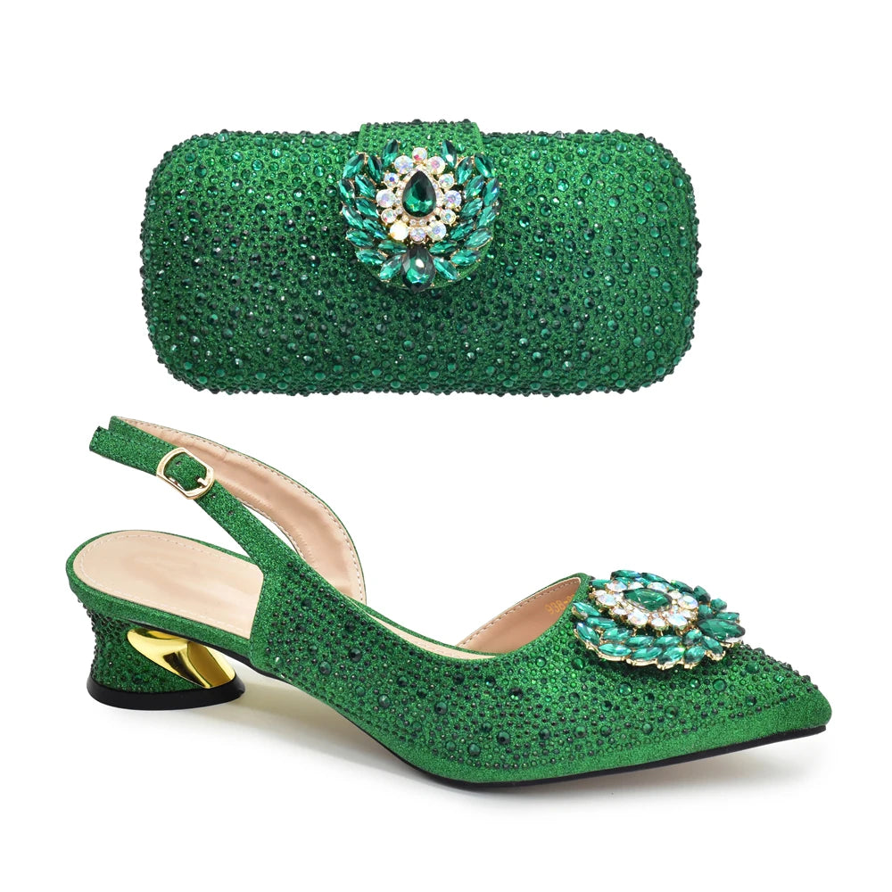 New Italian Shoe and Bag 2025 High Quality Luxury Full Diamond Italian Shoes and Bags Matching Set Decorated with Rhinestone