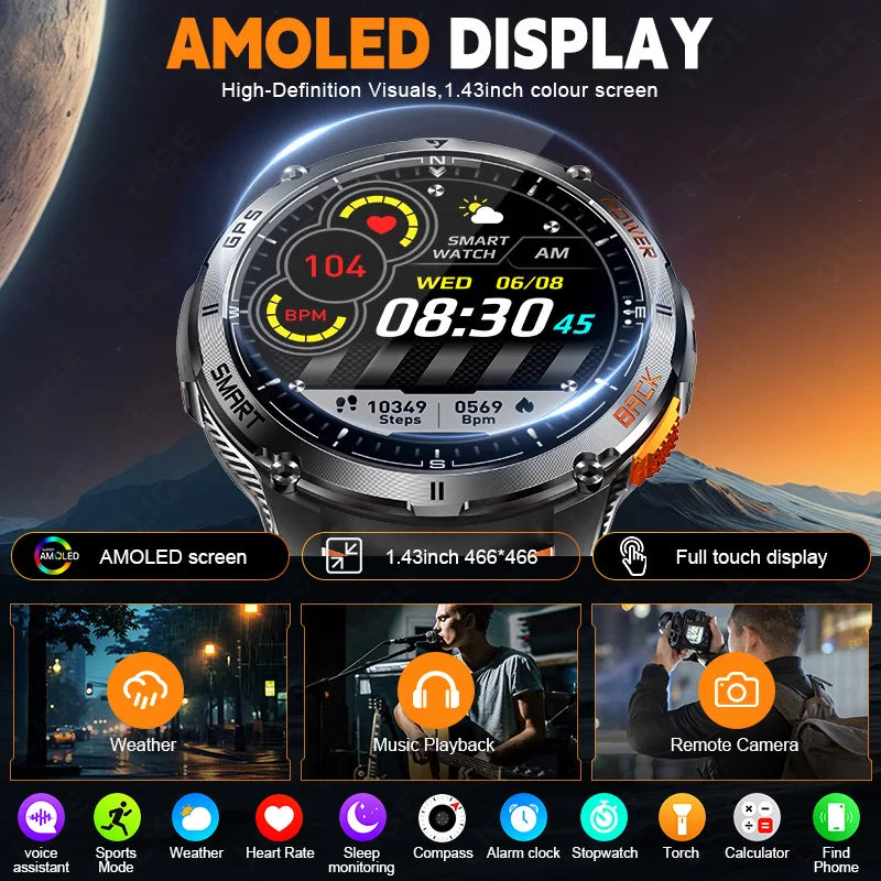 LIGE New GPS tracking Smart Watch BT Call 466*466 AMLOED Screen Heart Rate 530mAh Battery Outdoor Compass Flashlight Smartwatch