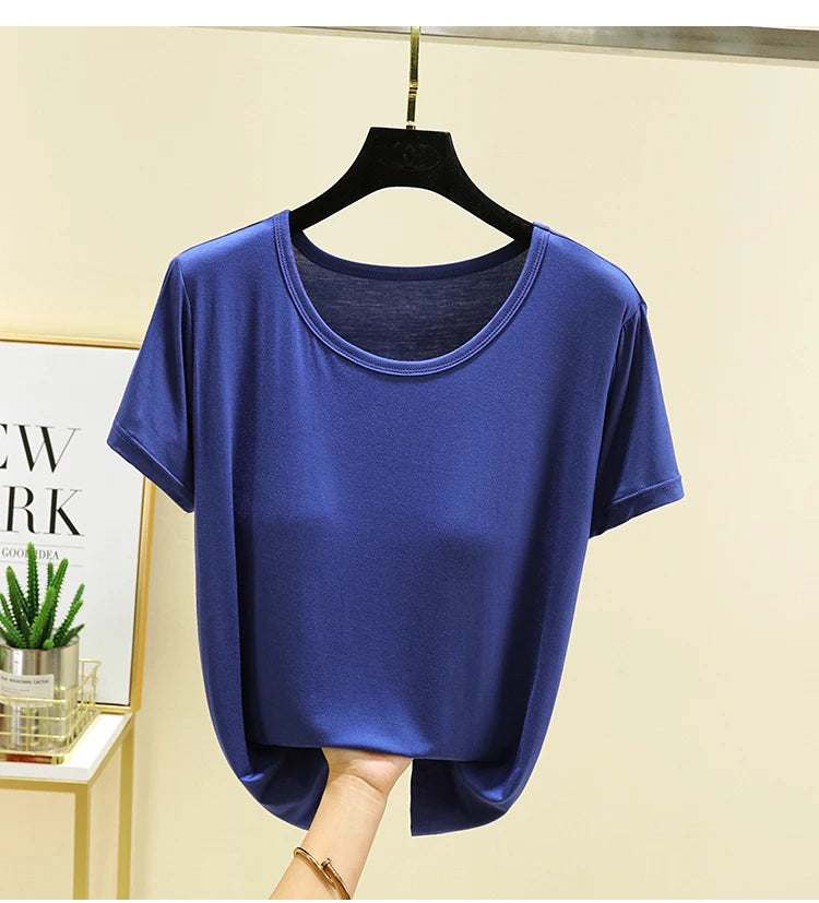 Loose Modal T-irt Women's Spring Summer round Ne ort Sve Built-In Bra Large Size Base irt Casual Sle Summer Top