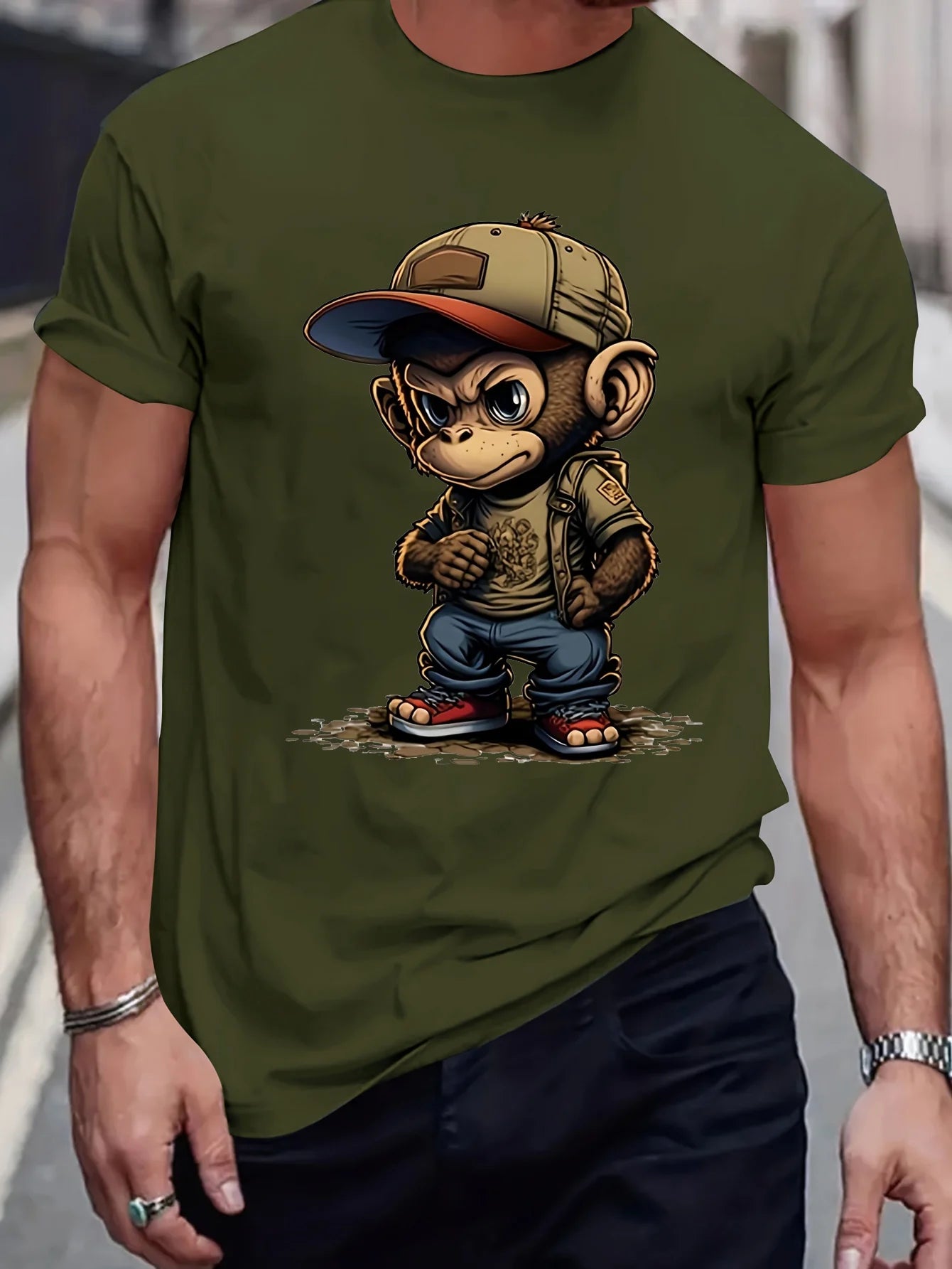 Men's summer 100% pure cotton fashionable sports casual loose cartoon monkey ready to travel 🧳 pattern printed round neck short sleeved T-shirt
