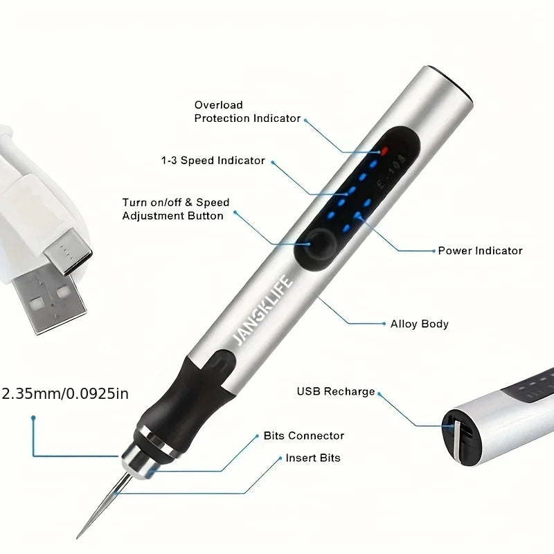 مجموعة أدوات دوارة لاسلكية بمنفذ USB من JANGKLIFE، قلم نقش للأعمال الخشبية، للمجوهرات، المعادن، الزجاج، مثقاب لاسلكي صغير