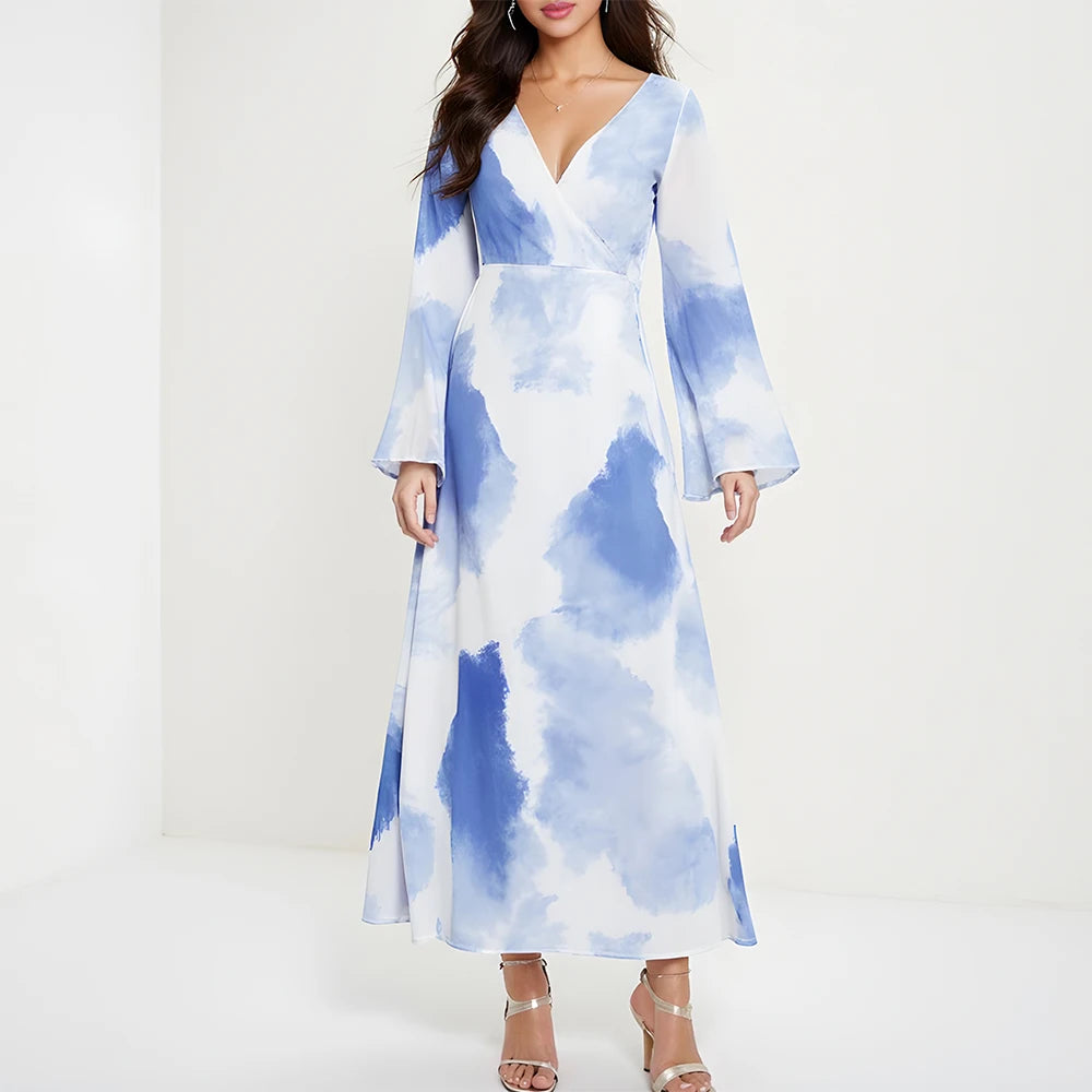 Rafiah Women's Summer Dress Elegant Ventilate Contrast Color Long Sleeve Plunge Neck Midi A-line Vacation Arabian Dress