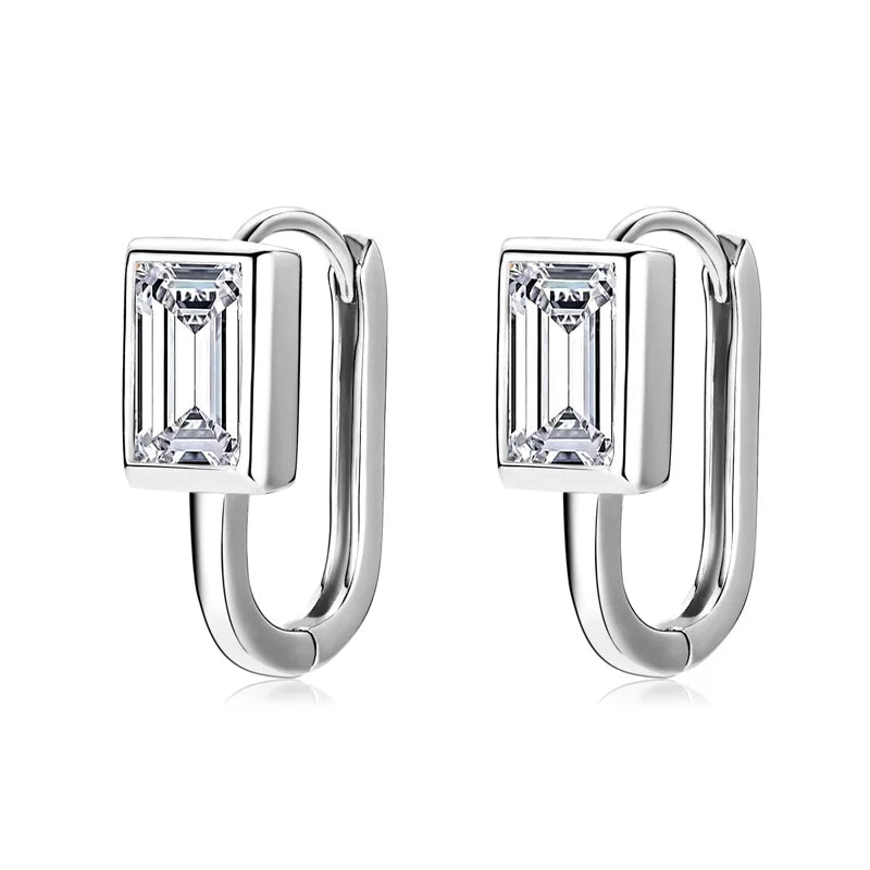 Lnngy 925 Sterling Silver U-shaped Hoop Earrings Emerald Cut 5*7mm Moissanite Earring For Women Girls Korean INS Jewelry Gift