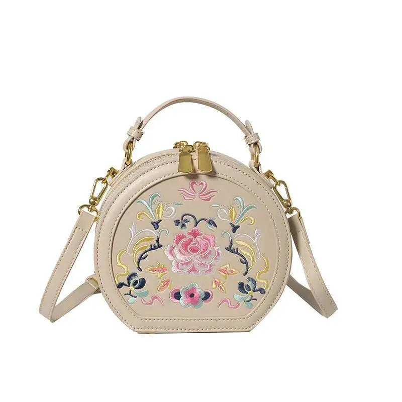 MOTAORA Small Round Women's Shoulder Bag Handmade Leather Embroidered Floral Purse for Teenage Girls Crossbody Bags