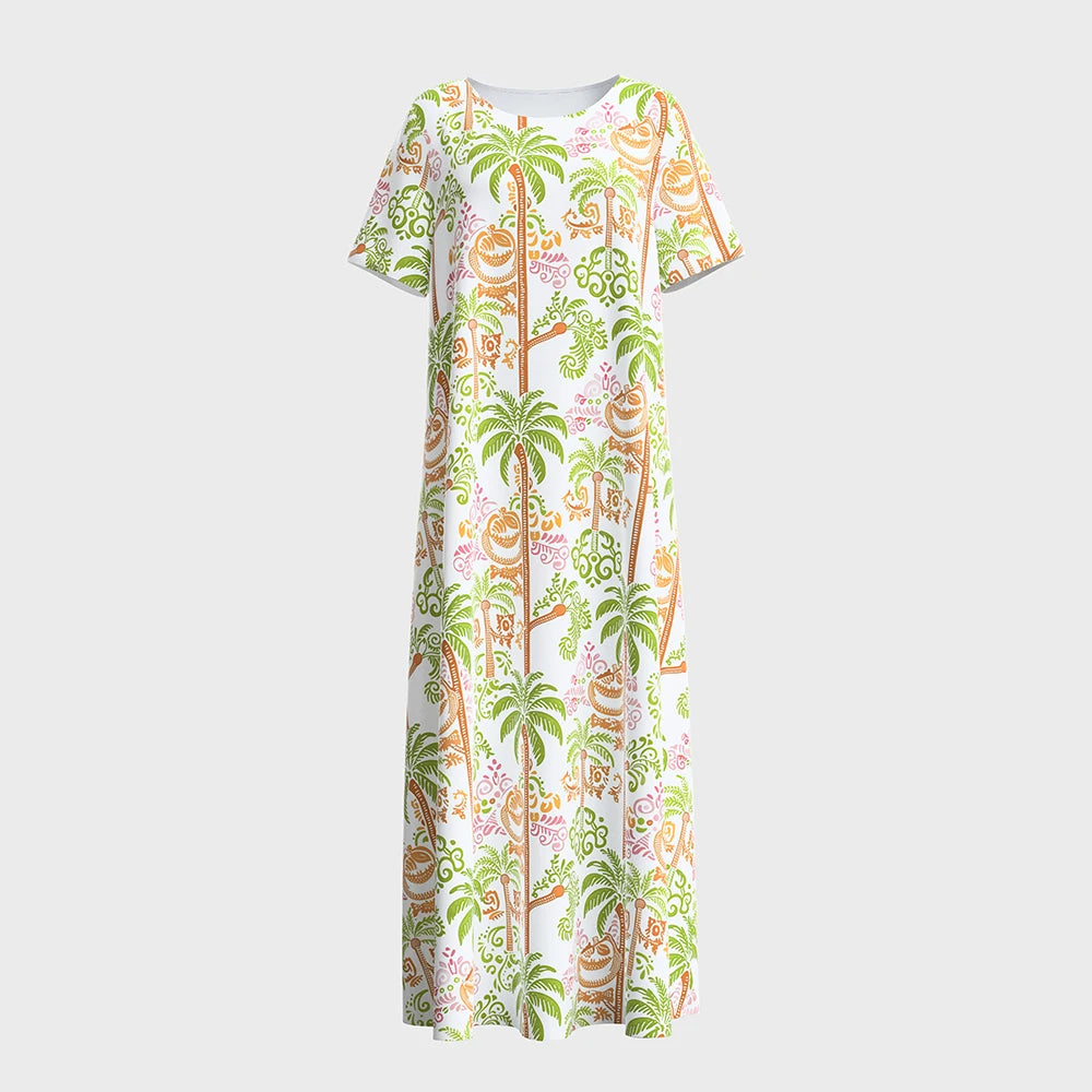 Rafiah Women's Arabian Dress Summer Fashion Vacation Full Print Short Sleeve Round-Neck Midi A-Line Long Daily Dress