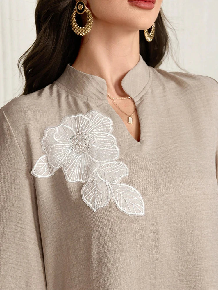 Rafiah Ramadan Floral Embroidered Loose Casual Modest Maxi Abaya Scalloped Neckline Long Sleeves Arabic Dress Parties Wedding