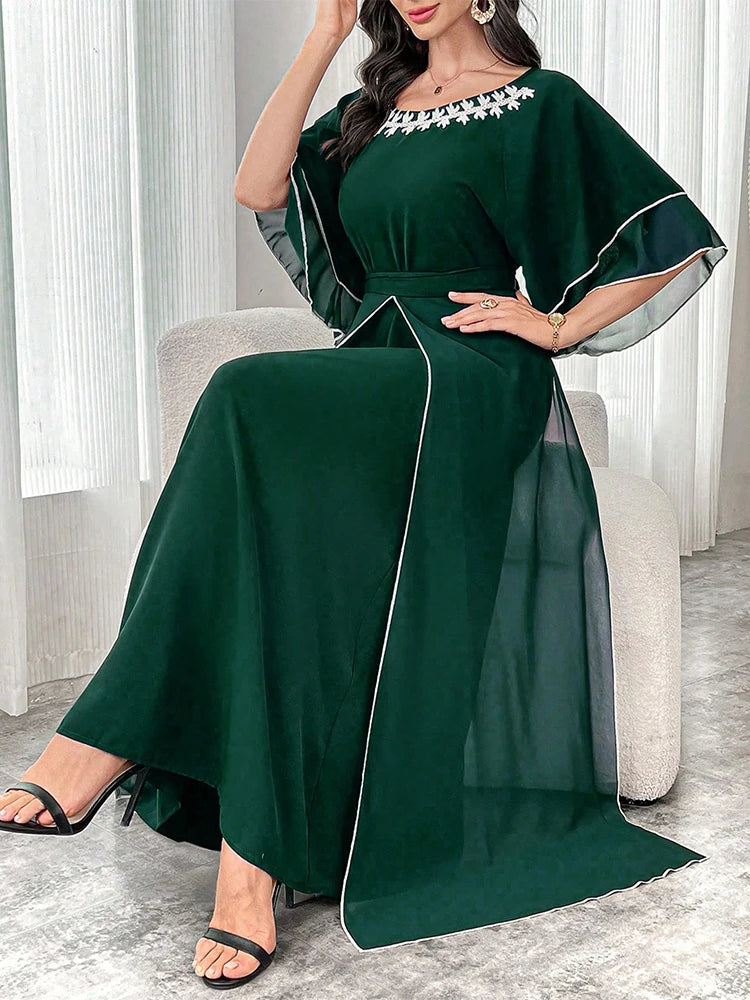 Rafiah Loose Summer Dress with Elegant Embroidery Details at the Waist Appliques A-Line Fashion Multilayered Arabian Dress