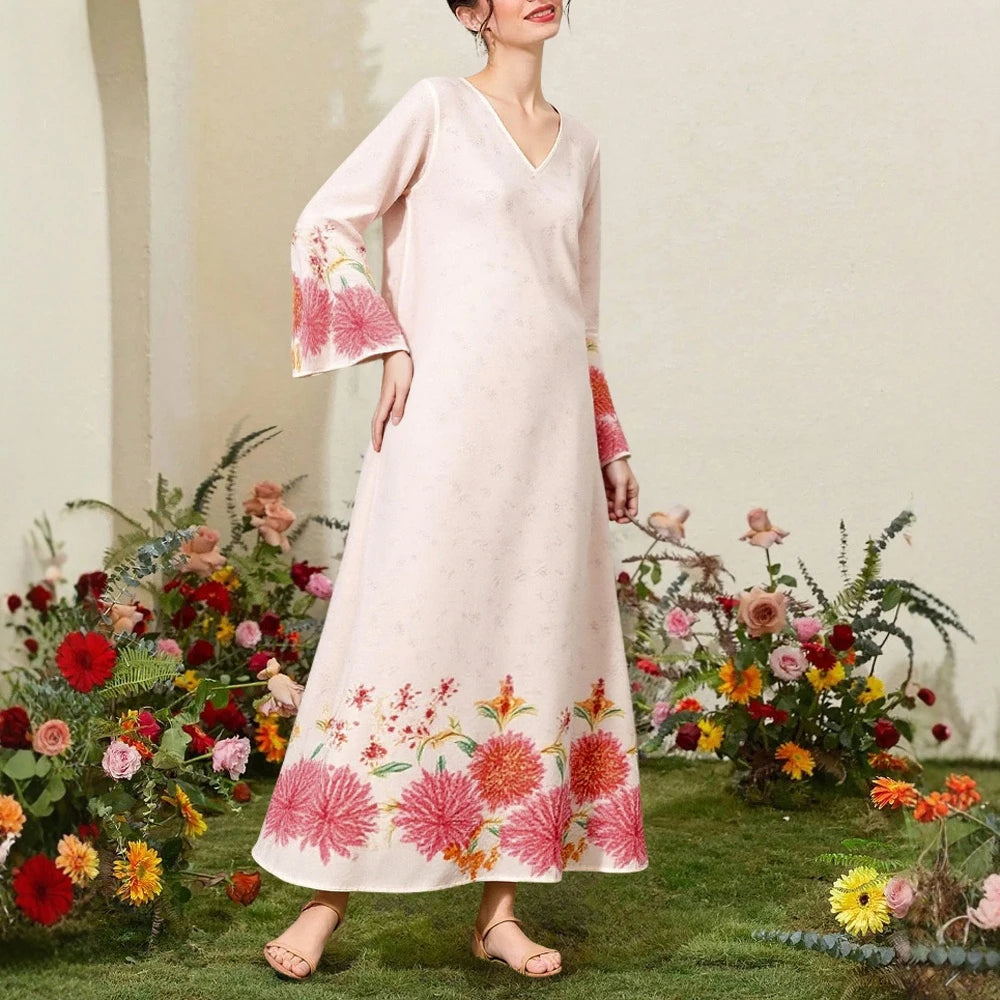 Rafiah Women's Dresses Summer Elegant 2025 Daily Long Sleeve V-Neck A-Line Midi Vacation Long Dresses