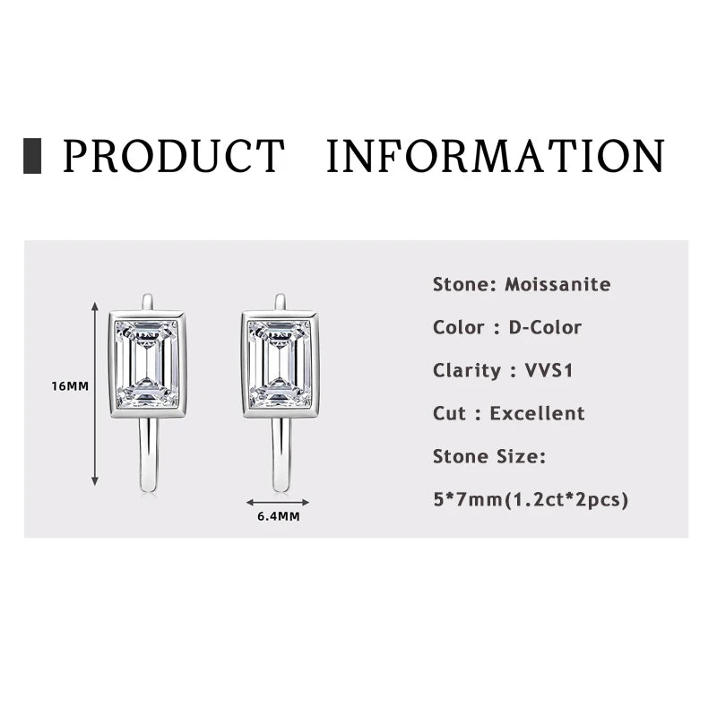 Lnngy 925 Sterling Silver U-shaped Hoop Earrings Emerald Cut 5*7mm Moissanite Earring For Women Girls Korean INS Jewelry Gift