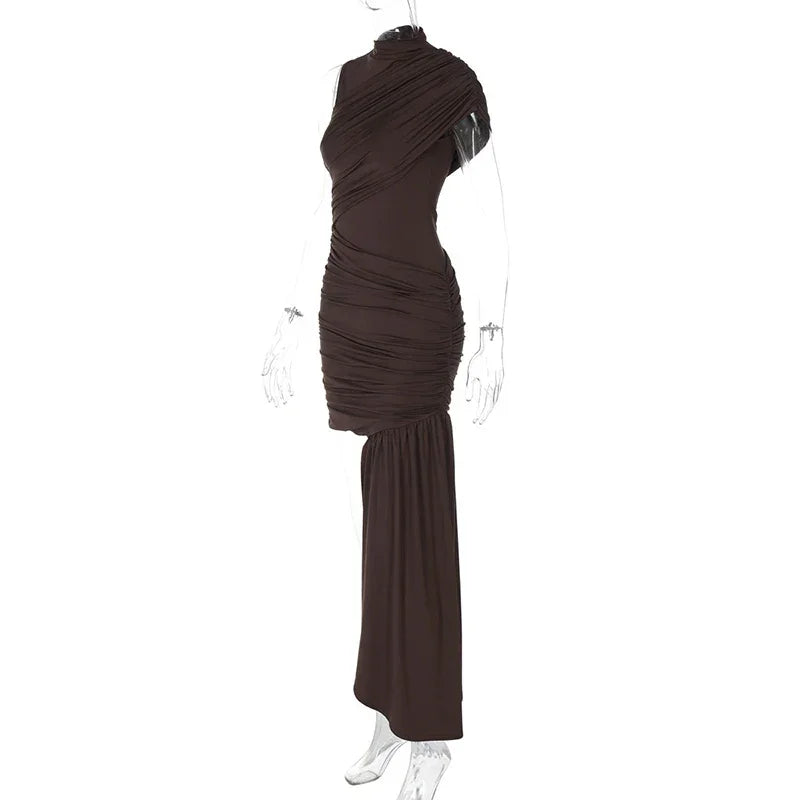 Women's Sleeveless Irregular Draped Ruched Bodycon Party Dress – Elegant Slim Fit, Floor-Length