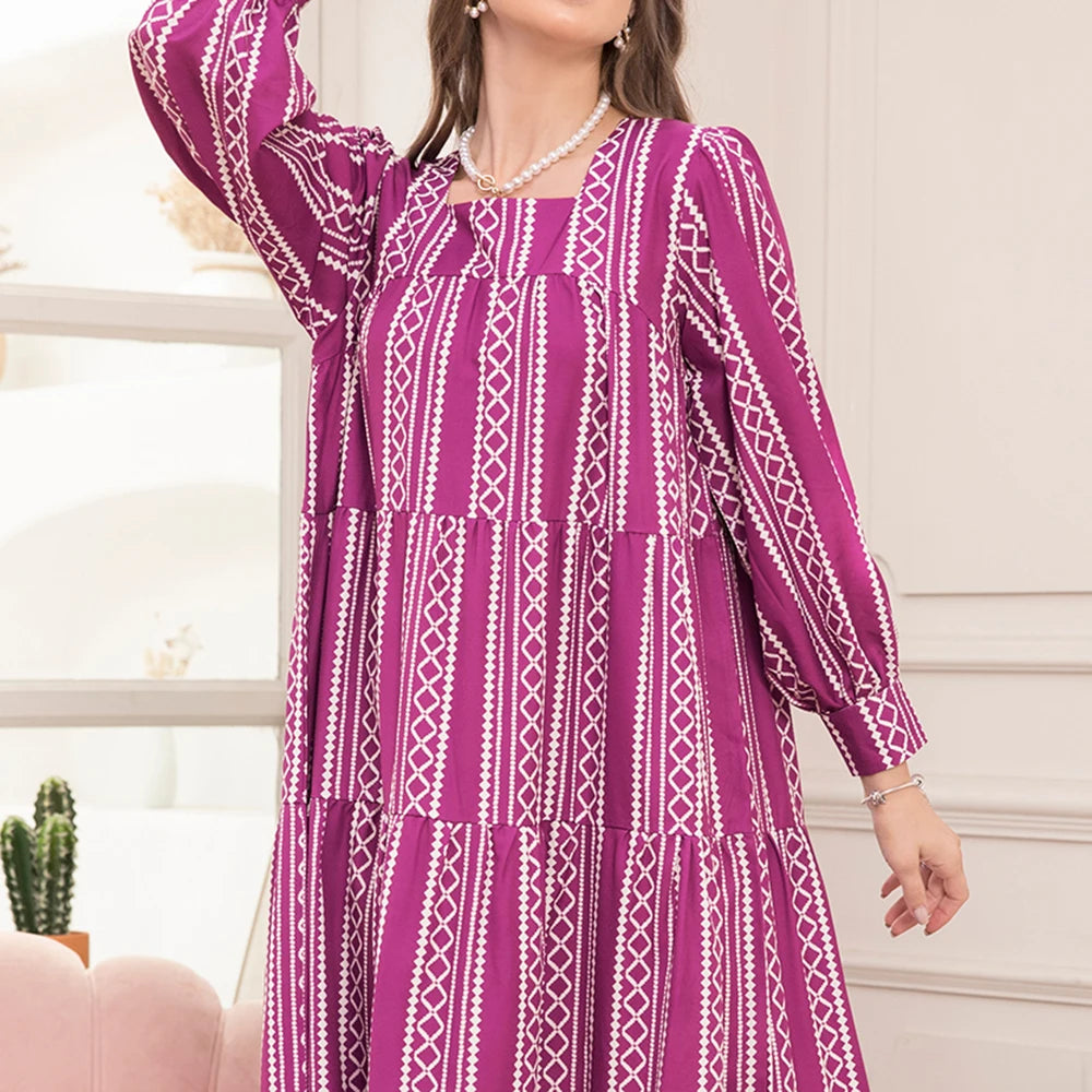 Rafiah Summer Arabian Dress 2025 Casual Basics Stripes Long Sleeve Square Neck A-Line Midi Long Dress For Women