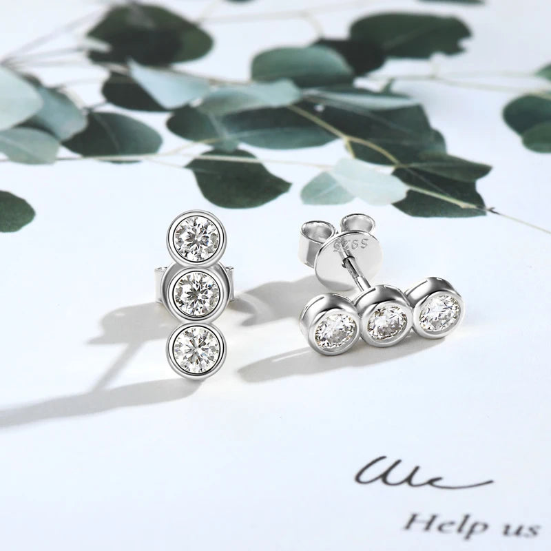 Lnngy 925 Sterling Silver Three Stone Stud Earrings Bracelets 3mm 0.1ct Moissanite Necklace Bracelet For Women Jewelry Set