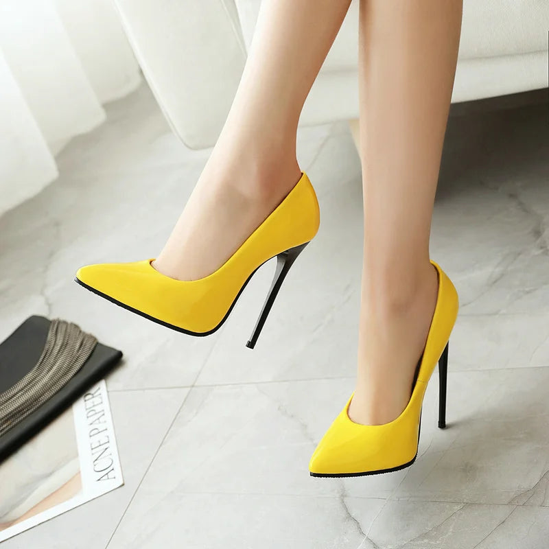 Women’s Pumps Classic Sexy Thin High Heels 12cm Patent Leather Stiletto Pointed Toe Party Elegant Office Shoes Big Size 34-48