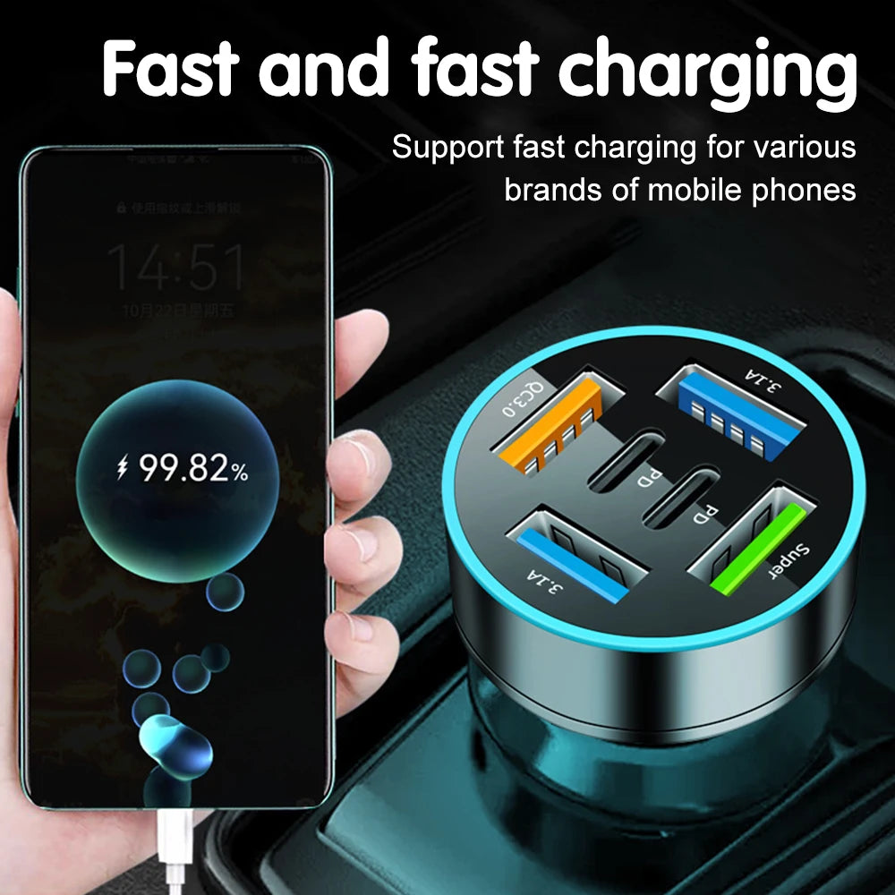 250W 5 Ports Car Charger Fast Charging PD QC3.0 USB C Car Phone Charger Adapter With Voltage For iPhone Samsung Huawei Xiaomi