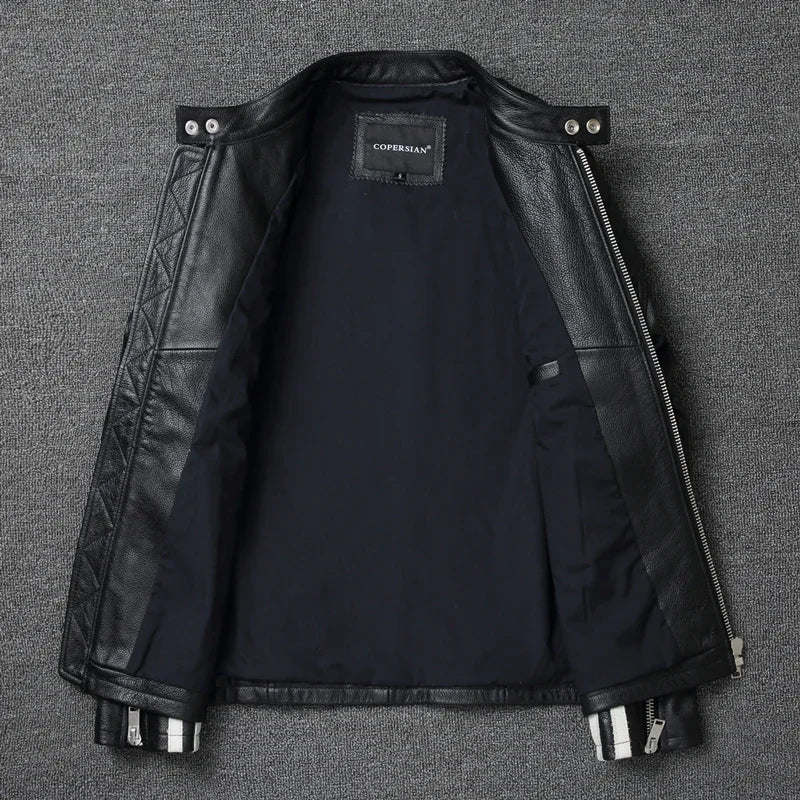 New fashion Men Leather Jacket 100% Genuine Cowhide Coat White Stripes Cool Biker Slim Short Autumn Leather Clothing.