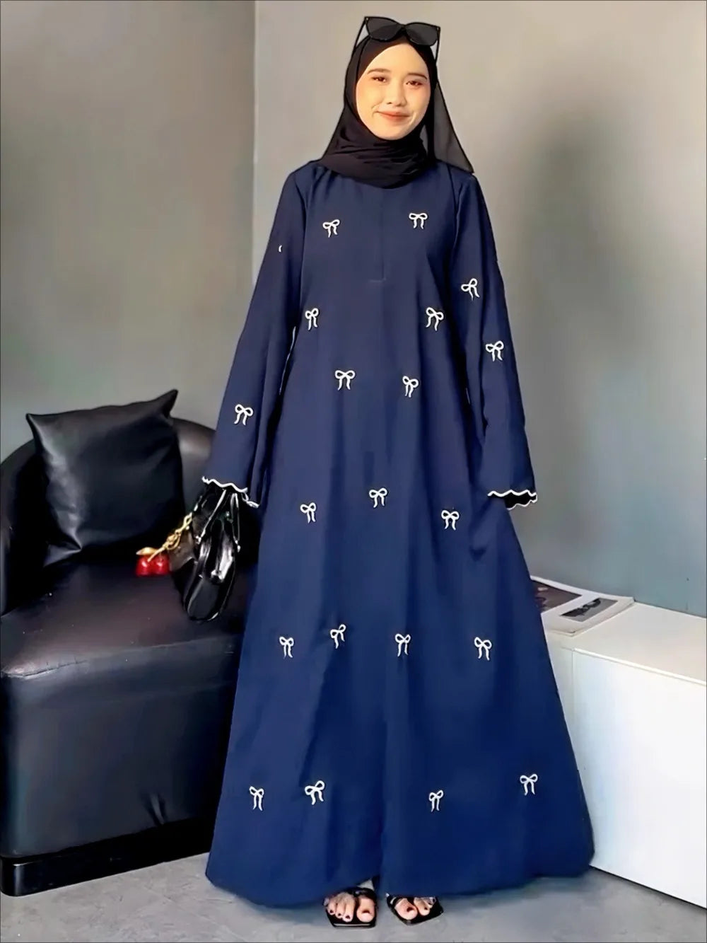Eid Women Party Dress Muslim Abaya Bow Embroidery Modest Jalabiya Ramadan Long Dresses Abayas Vestidos Largos Kaftan Long Robe