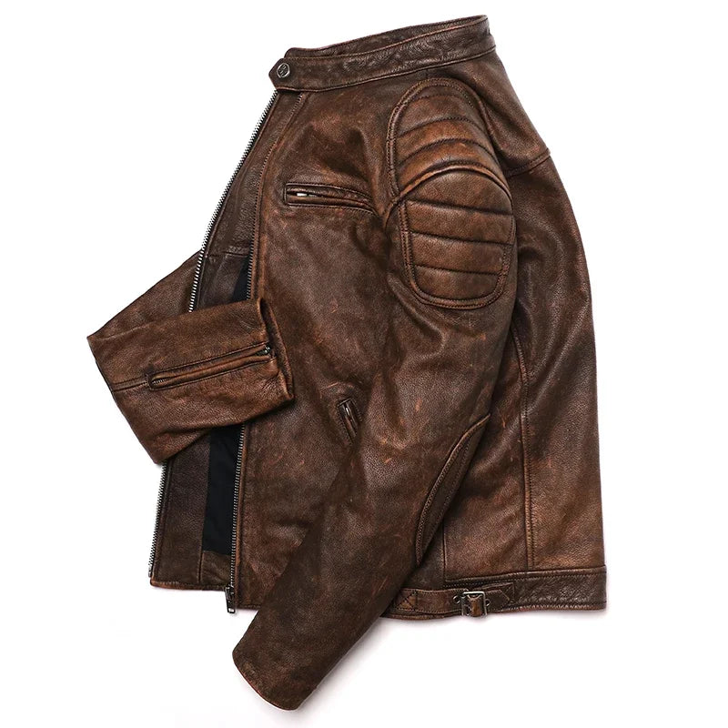 Vintage Camel Yellow Genuine Leather Biker Jacket – Slim Fit Cowhide Men’s Motorcycle Coat