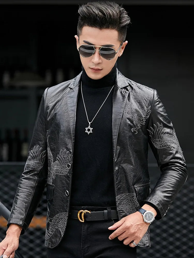 Business Men Fashion Eagle Embroidery Blazer Jacket Slim Fit Work Suit Coat Spring Autumn Natural Cowhide Genuine Leather Jacket